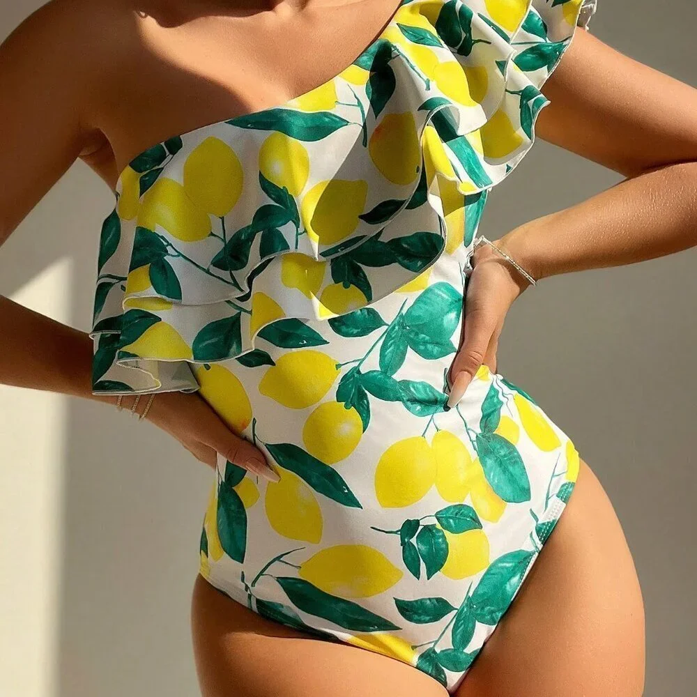 Multicolor Boho Women's Lemon Print Ruffle Trim One-Shoulder One-Piece Suit